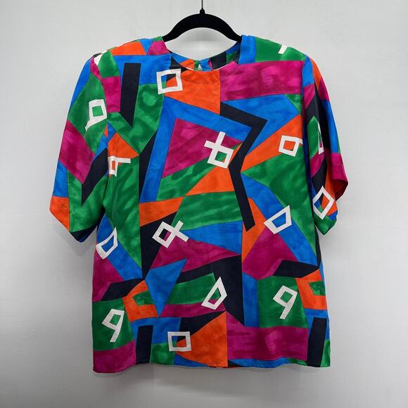 Vintage 80s Geometric Culotte Pant Set‎ Womens Small/Medium Silk Wide Leg Bright - Picture 2 of 11